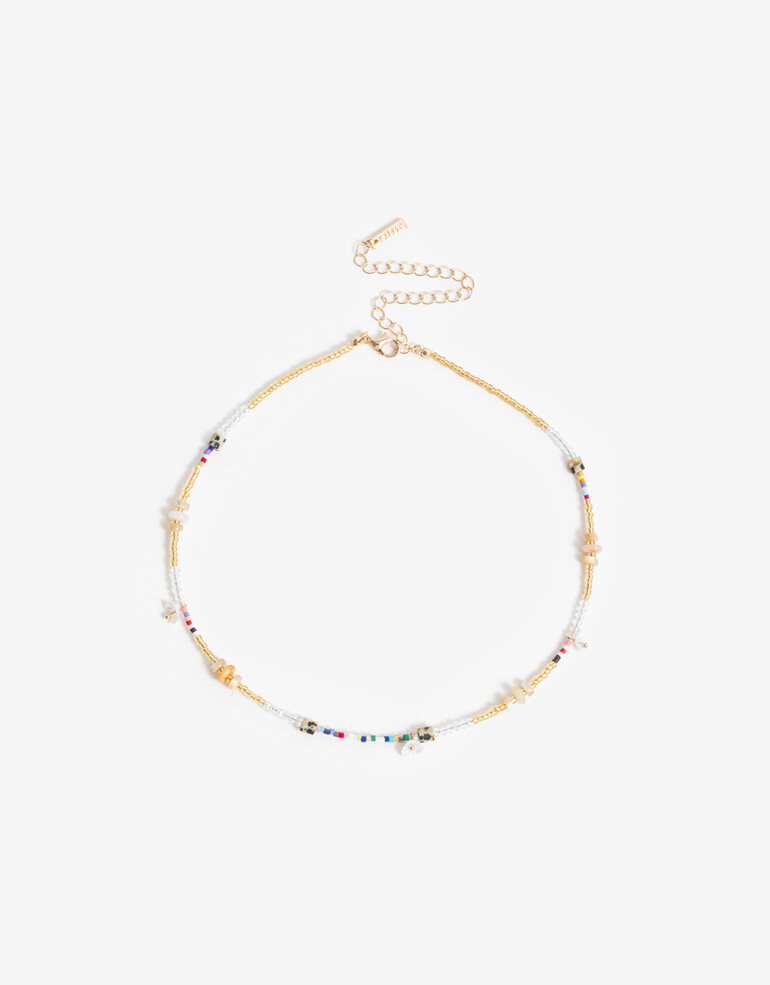 Collares Cortos Canutillos Collar Con Beads Floral - Dorado