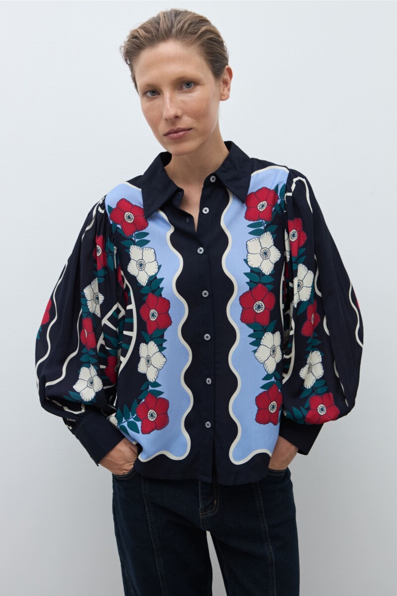 Camisa estampa floral nativa azul marino
