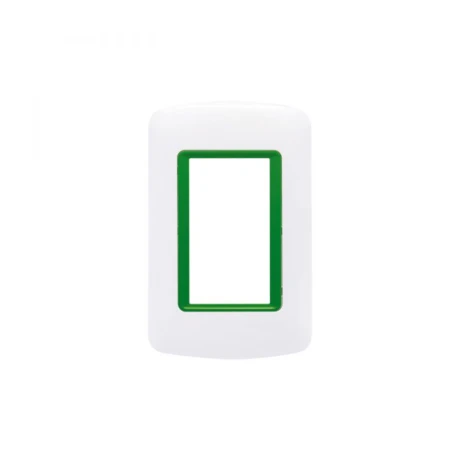 Plaqueta inyectada con bastidor 3 módulos con aro de color verde manzana Atenea Plaqueta inyectada con bastidor 3 módulos con aro de color verde manzana Atenea
