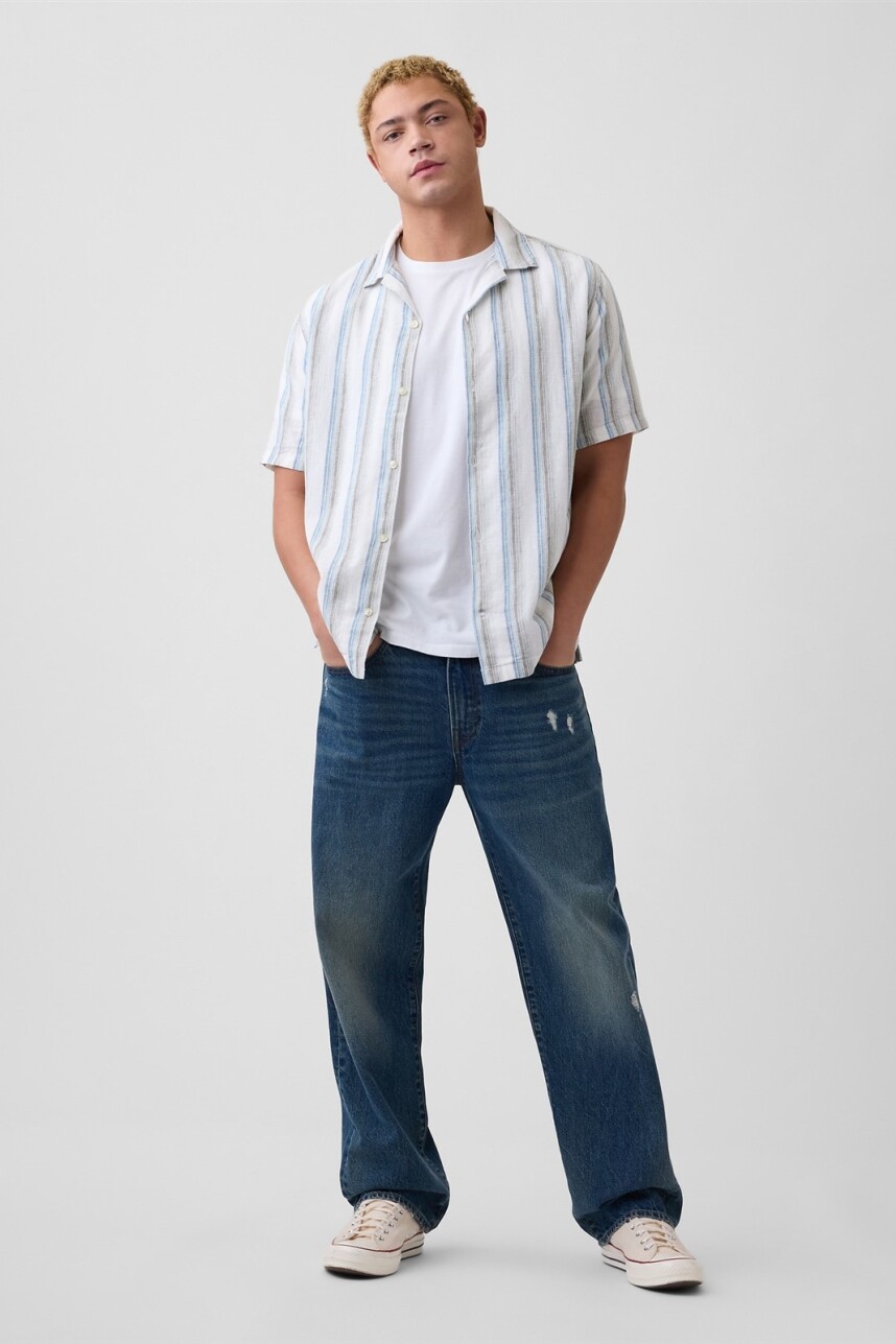 Camisa Manga Corta Lino Hombre Green Stripe