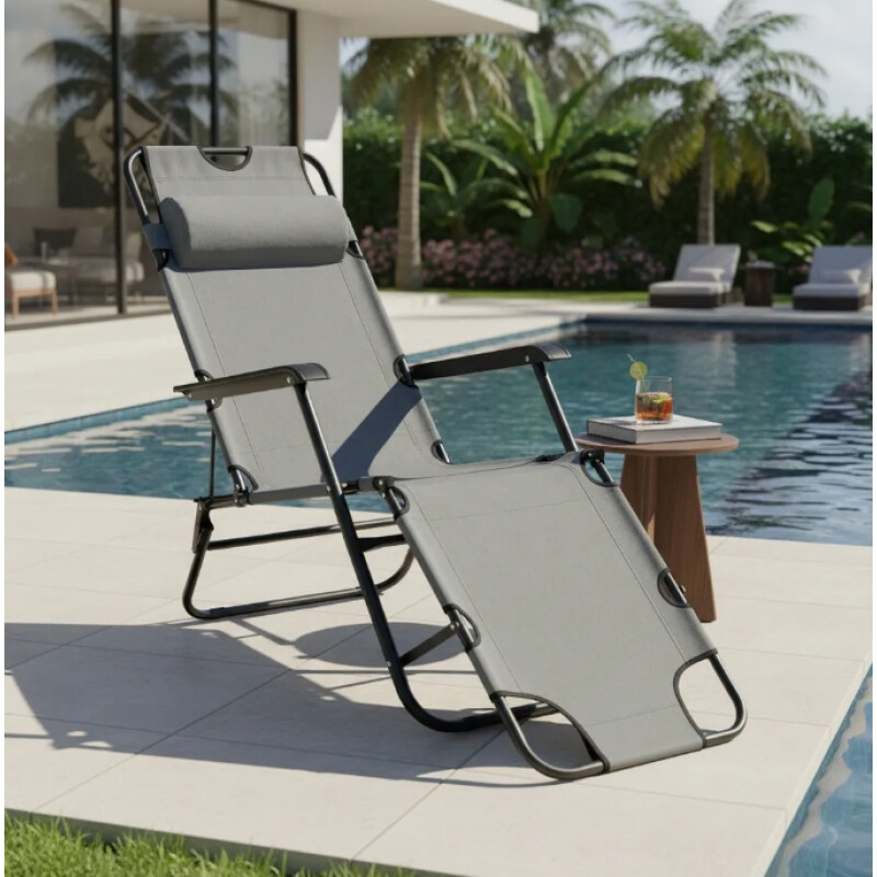 Silla Reposera Catre Plegable Anatómica Liviana Con Almohada Gris Claro