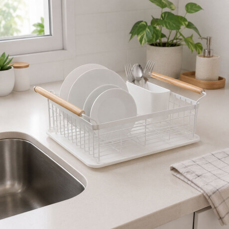 Escurridor para Platos en Acero Inoxidable y Asas de Madera Blanco