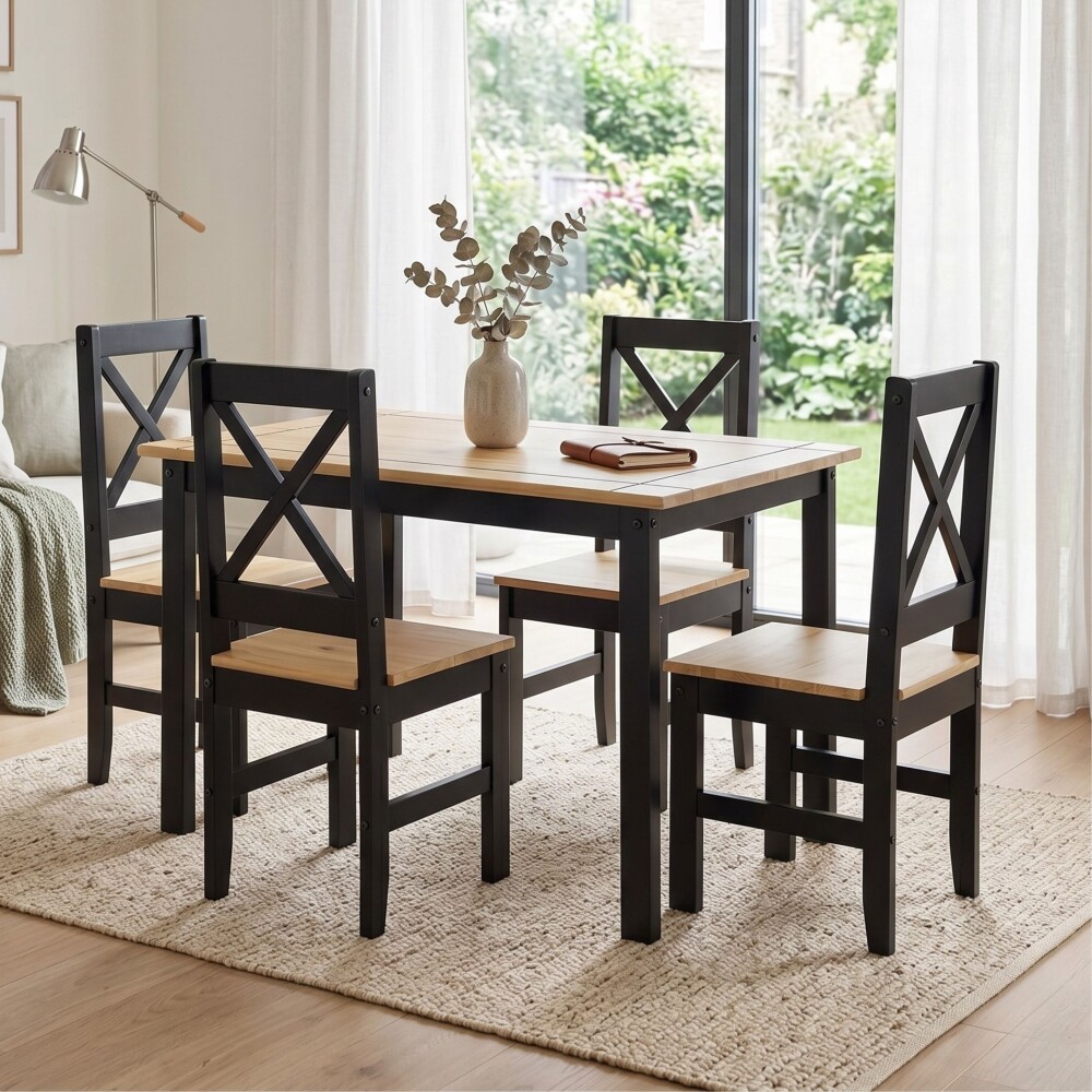 Juego de comedor 4 sillas - Madera maciza - Cruceta Negro