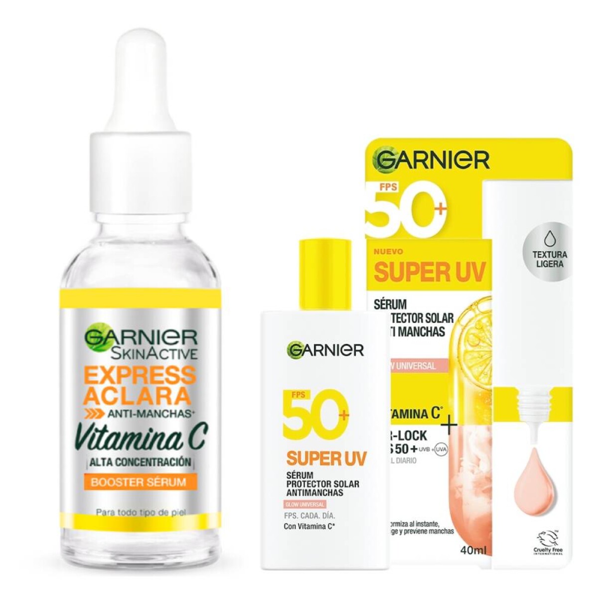 Pack Garnier Sérum Express Aclara Antimanchas + Protector Solar Super UV Antimanchas Glow Universal FPS50 40ml 