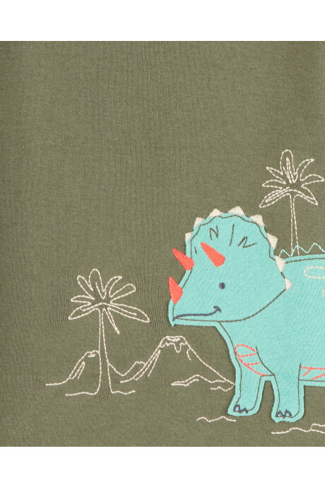 Pijama cuatro piezas de algodón, dos pantalones y dos remeras, tonos verde y crema, diseño dinos Pijama cuatro piezas de algodón, dos pantalones y dos remeras, tonos verde y crema, diseño dinos