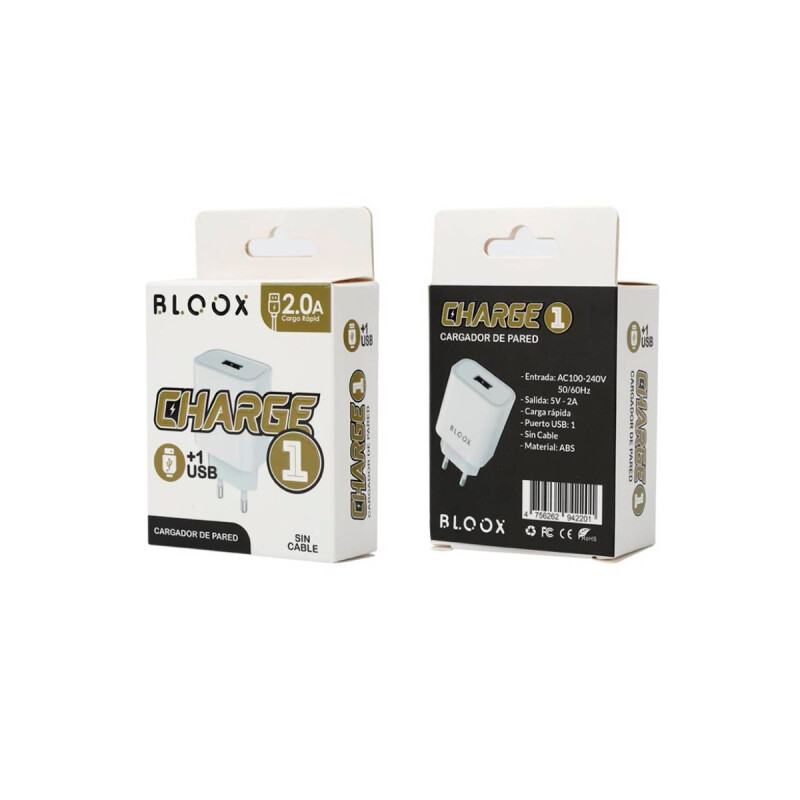 Ficha cargador con entrada USB 2A color blanco Ficha Cargador Con Entrada Usb 2a Color Blanco