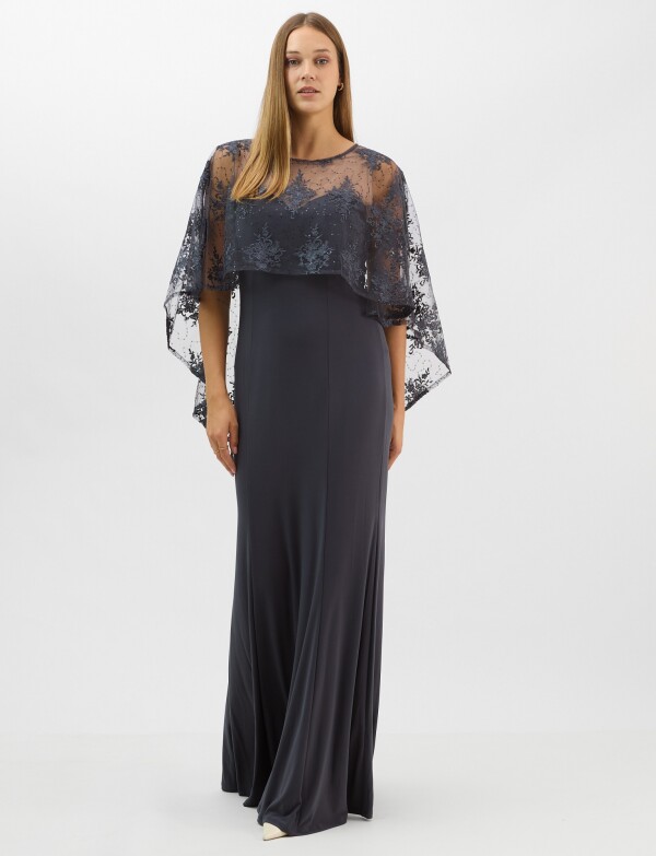 Vestido Maxi Con Capa Bordada GRIS OSCURO