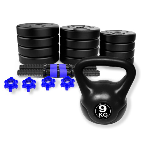 Set Fitness Mancuernas Barra Discos 20kg + Pesa Rusa 9kg Azul
