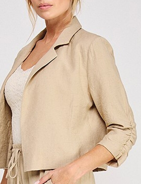 Blazer Crop De Lino Abierto Con Manga Fruncida BEIGE