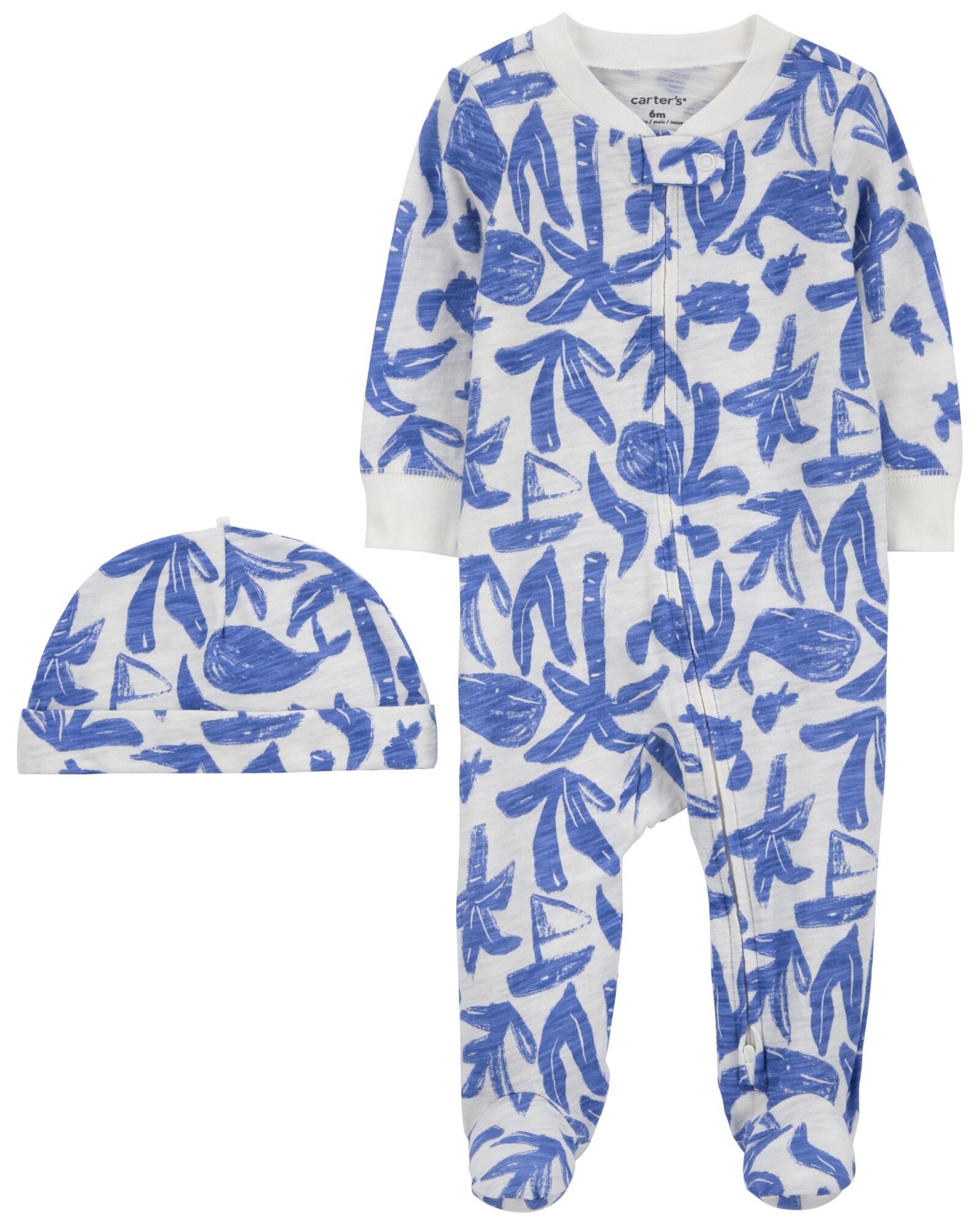 Pijama una pieza de algodón con pie y gorro, diseño ballenas Sin color
