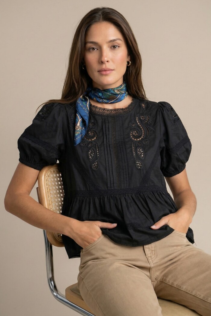 Blusa Algodon Con Encaje Negro