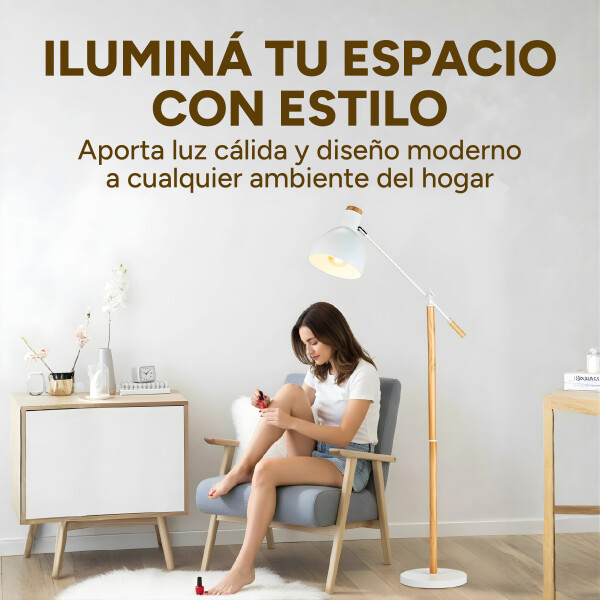 Lampara De Pie Moderna Metal Madera Minimalista 158Cm Color Blanco