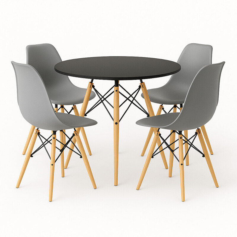 Juego de comedor Con Mesa Circular de 80cm + 4 Sillas Eames Gris/Negro