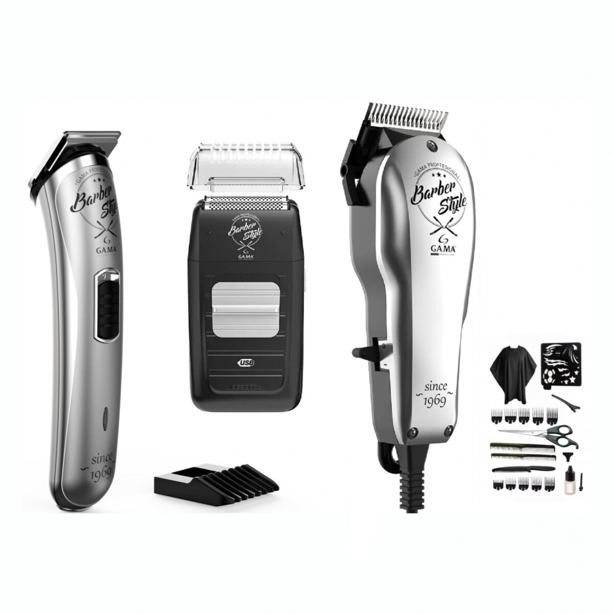 Combo GAMA Trimmer GT527 + Afeitadora Barber Style + Cortapelo Barber Style 