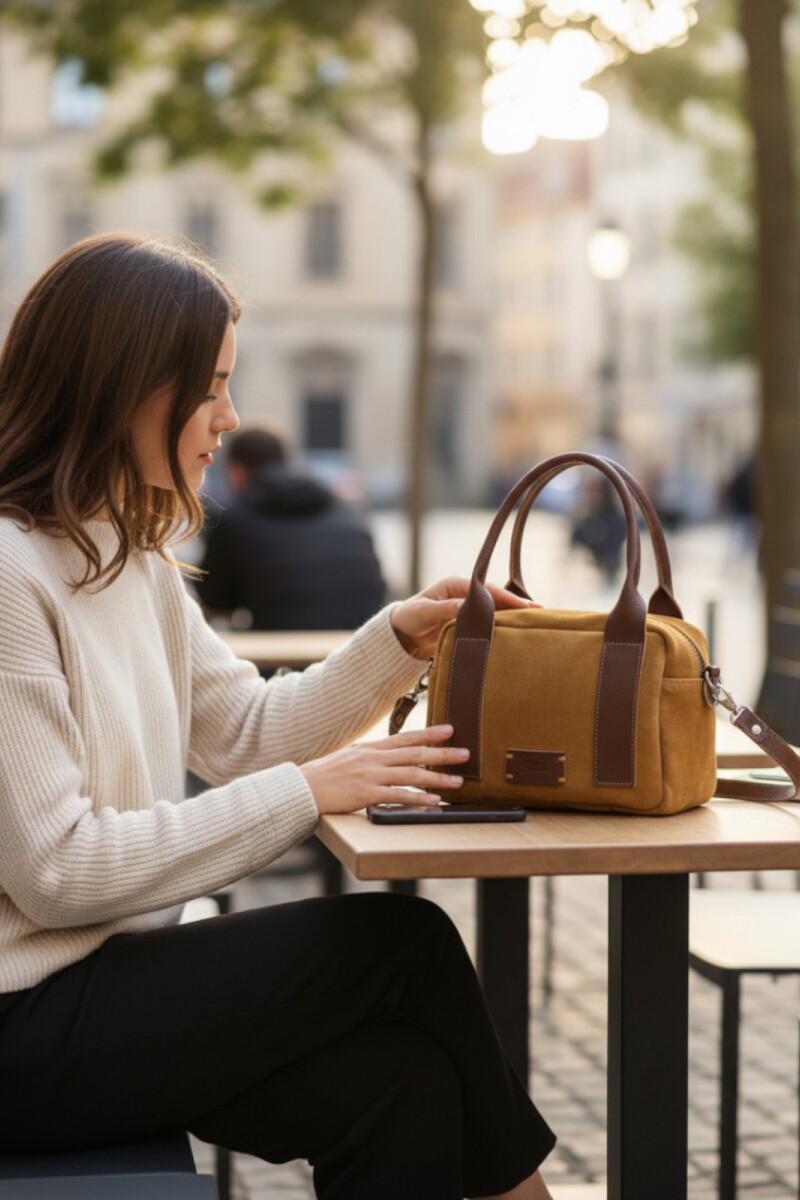 Cartera de Mano y Bandolera en Gamuza y Cuero Tostado