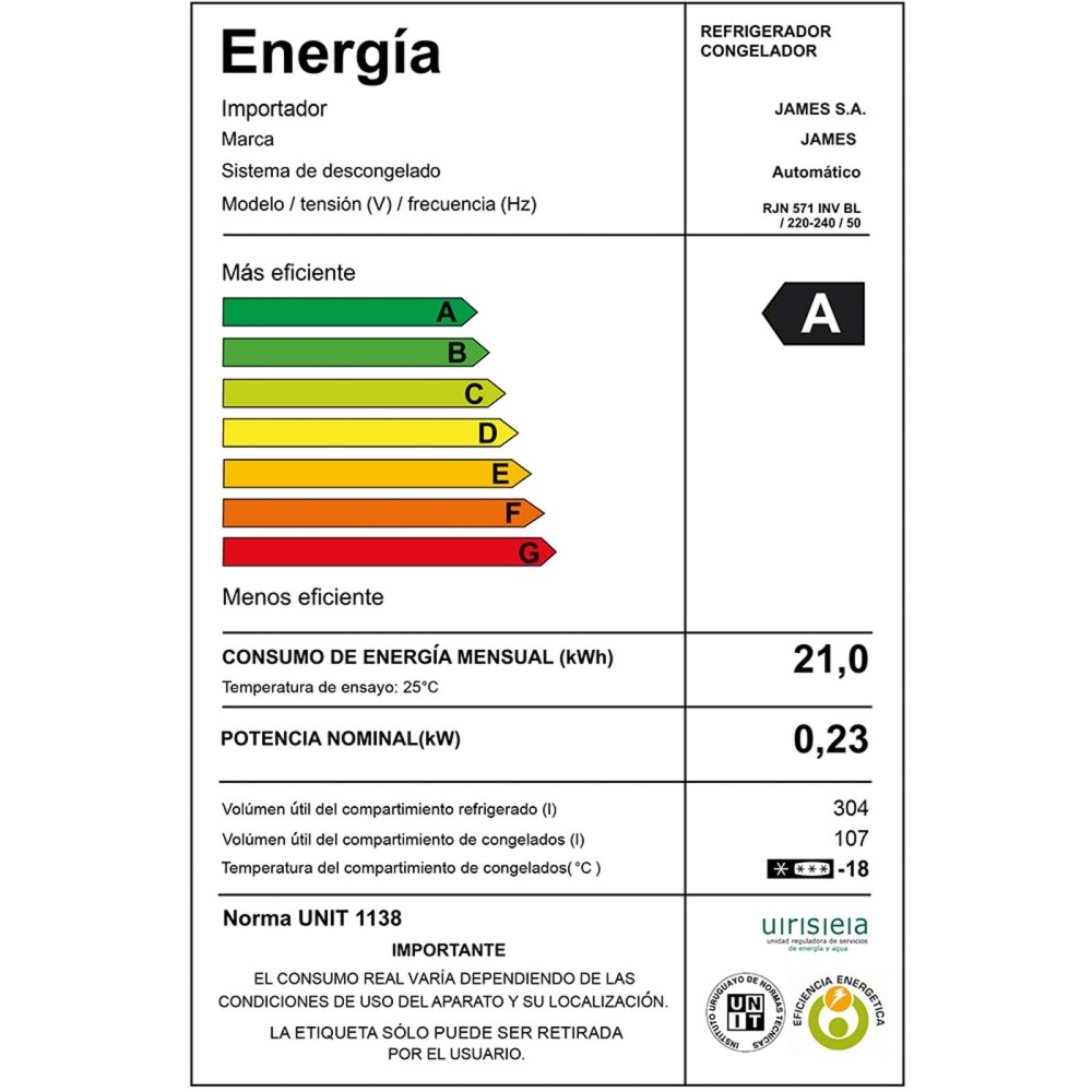 HELADERA JAMES FRIO-SECO BLANCO 452L INVERTER RJN 571 INV BL