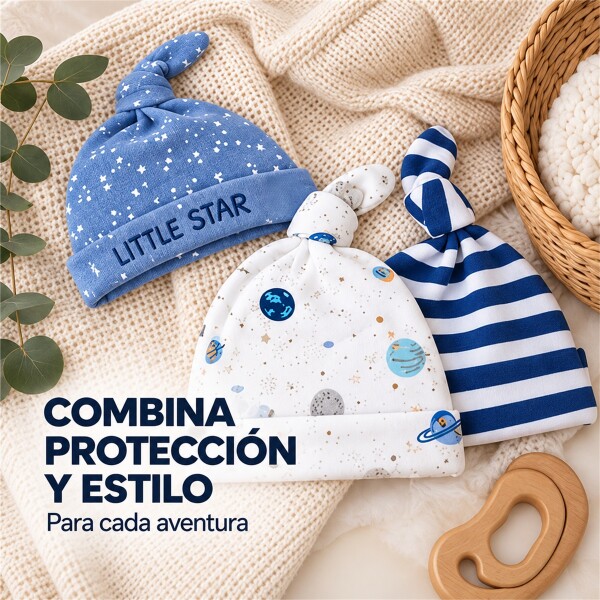 Gorro Para Bebé Recién Nacido x3 100% Algodón Con Nudo Azul 1