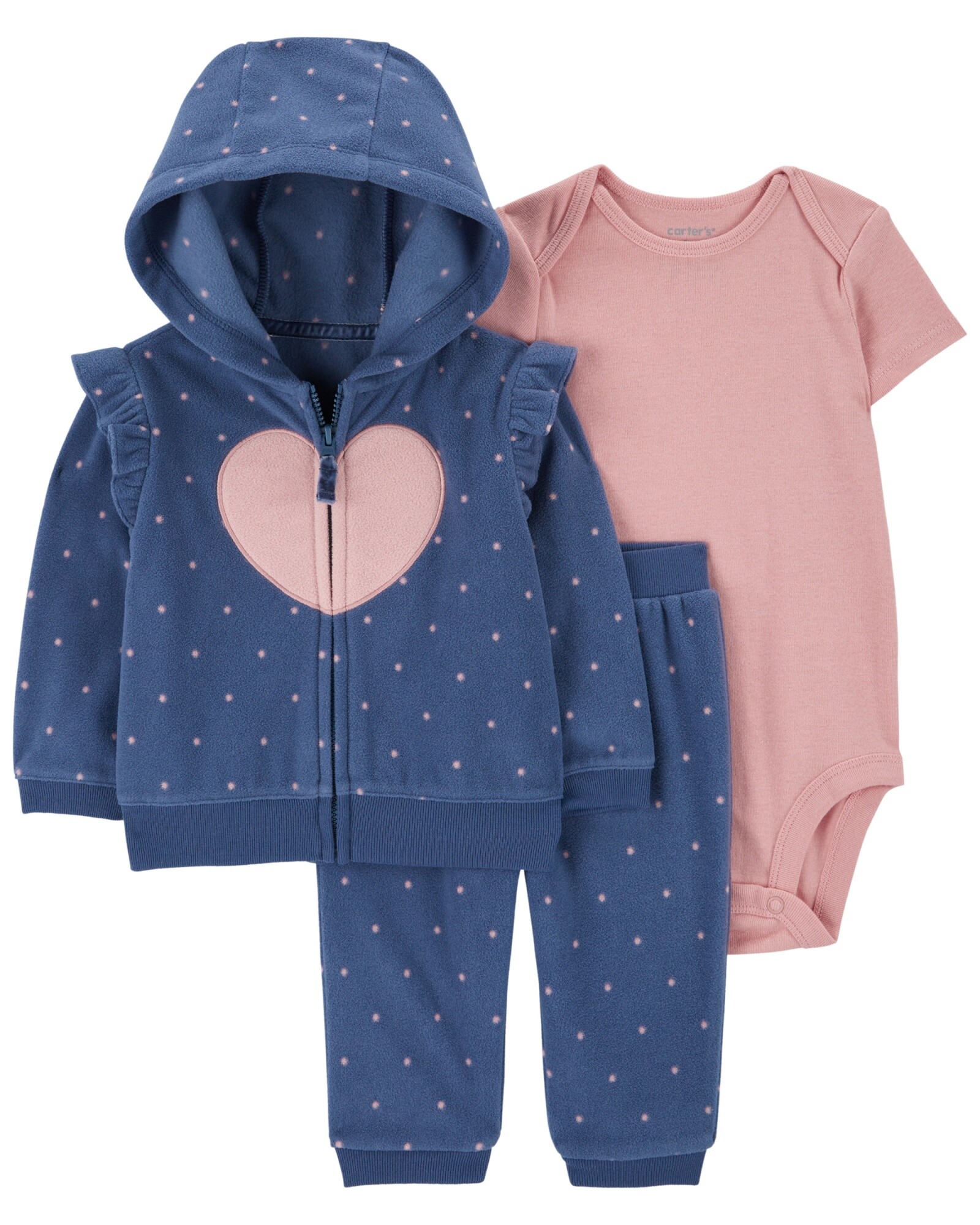 Set tres piezas, campera y pantalón de micropolar, más body de algodón, estampa corazón Sin color