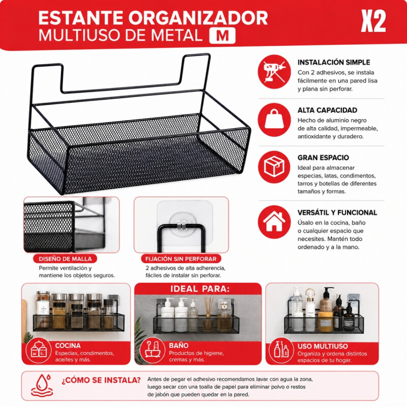 Set x2 Estante colgante adhesivo M NEGRO