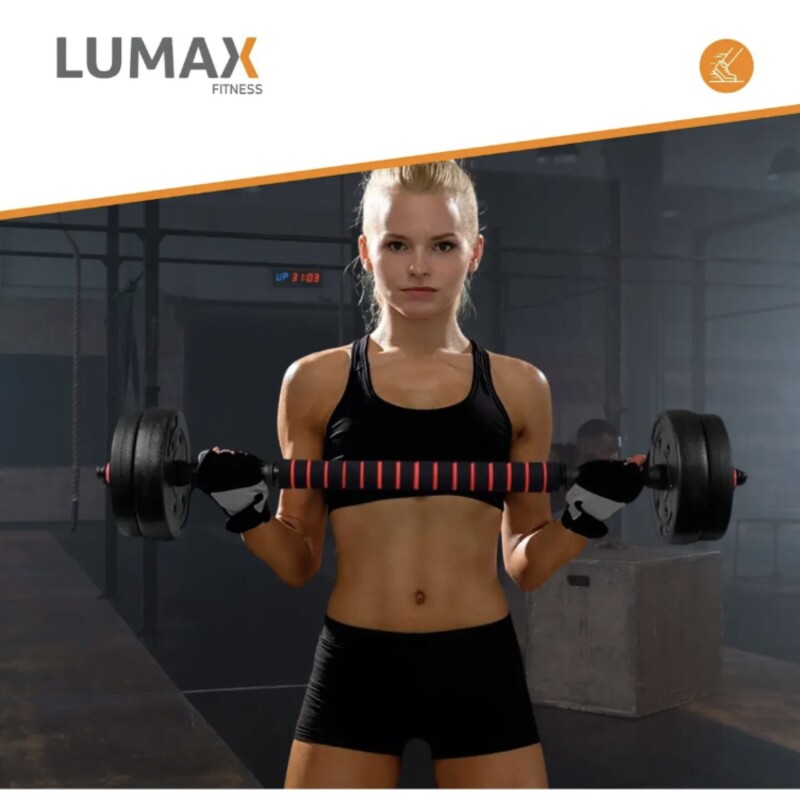 Set 2 Mancuernas Lumax + Barra 2 en 1 + 30kg Discos Pesas Rojo