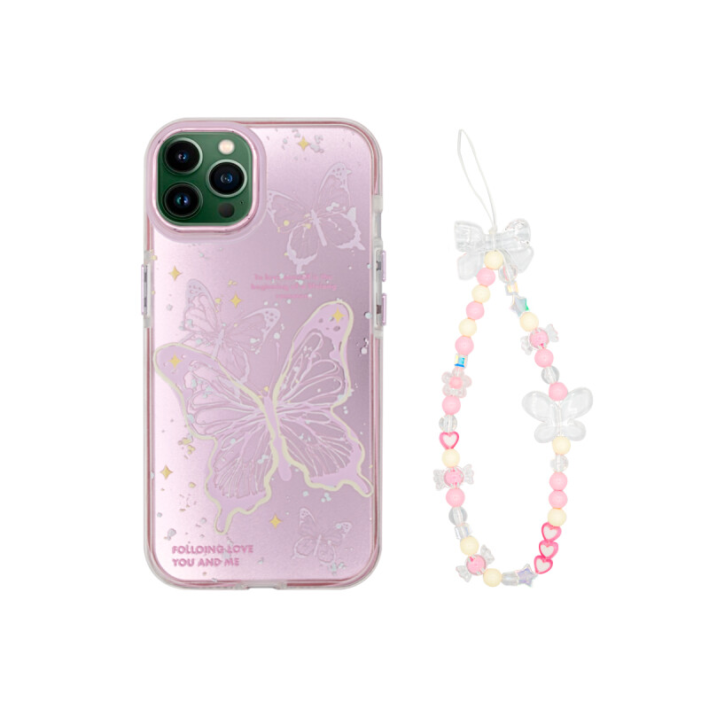 Protector iPhone 13 Pro diseño mariposas rosa con correa Protector Iphone 13 Pro Diseño Mariposas Rosa Con Correa