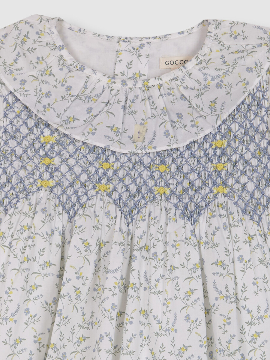 Vestido De Florecitas Con Nido De Abeja Azul
