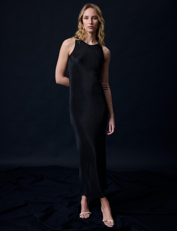 Vestido Saten Plisado NEGRO