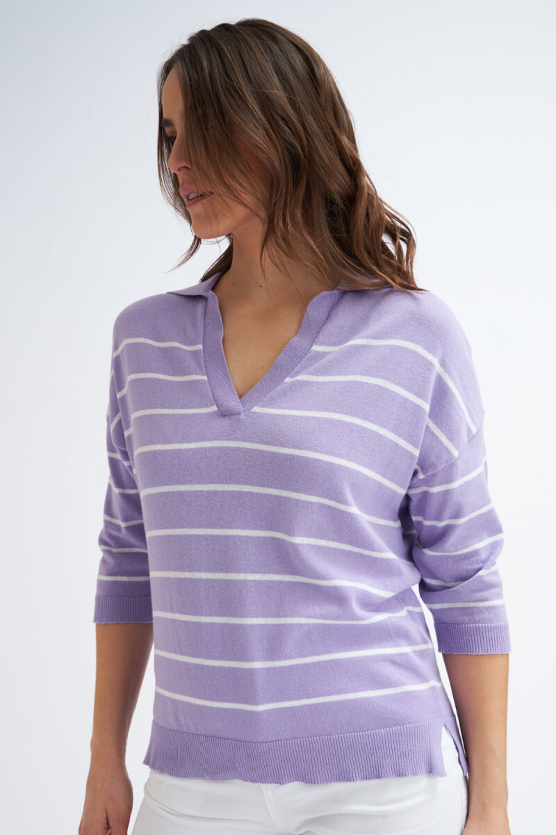 Sweater tejido cuello polo Violeta Con Blanco