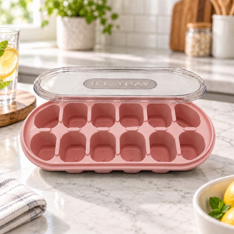 Cubetera para Hielo con Tapa y Base de Silicona 12 Cubos Mini Rosa