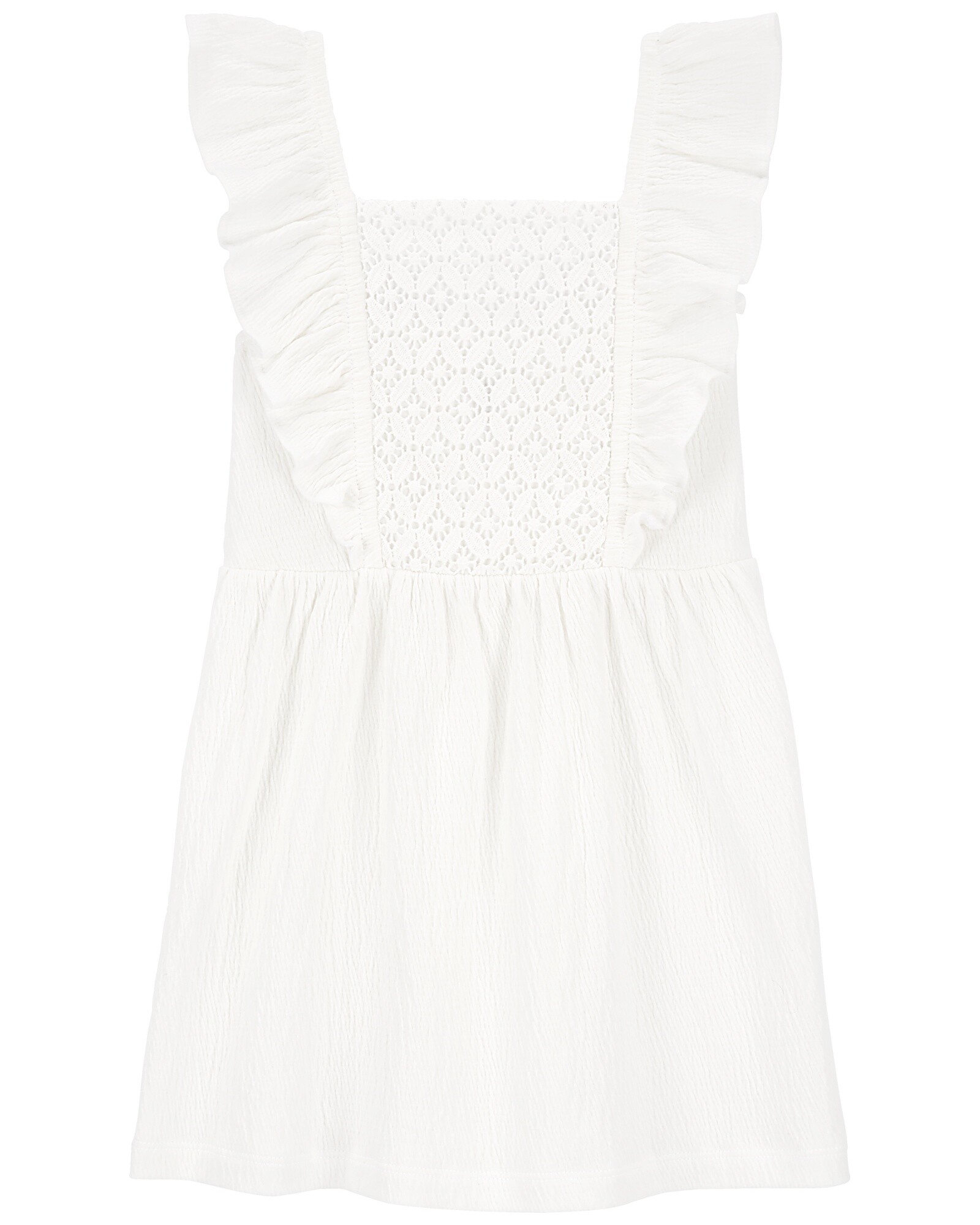 Vestido de jersey arrugado, con canesú a crochet. Talles 2-5T Sin color
