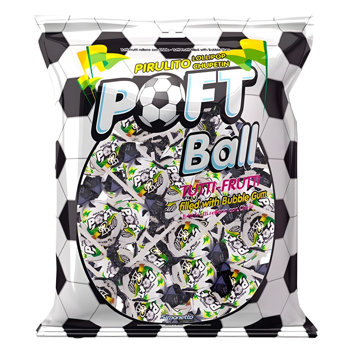 CHUPETÍN SIMONETTO RELLENO MASTICABLE 18 grs x24 Unidades - Poft Ball (Tutti-Frutti) 