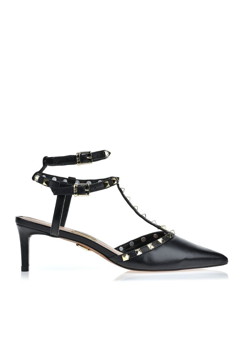 Stiletto Bajo de Cuero con Tachas - Negro 