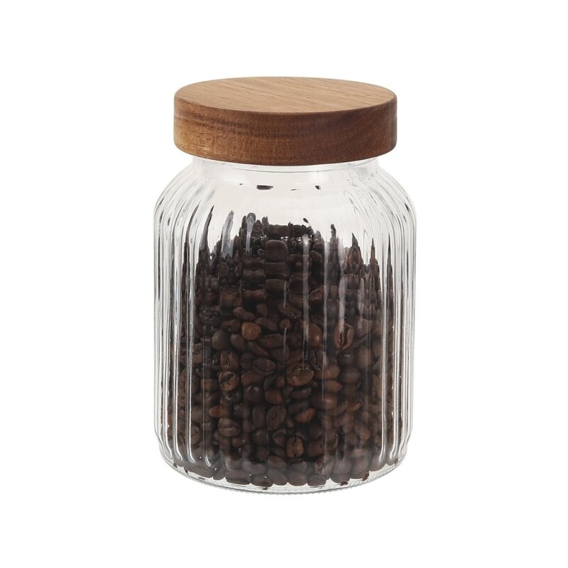 Recipiente Vidrio Labrado C/Tapa Madera 1000Ml 11x11x16.5Cm RECIPIENTE VIDRIO LABRADO C/TAPA MADERA 1000ML 11X11X16.5CM