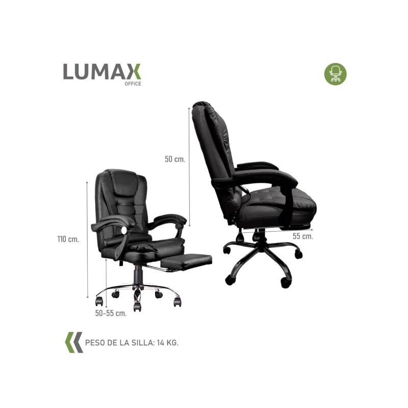 Silla Ejecutiva en cuero Lumax Modelo Miles con Apoyapies y 7 Puntos de Masaje Negro