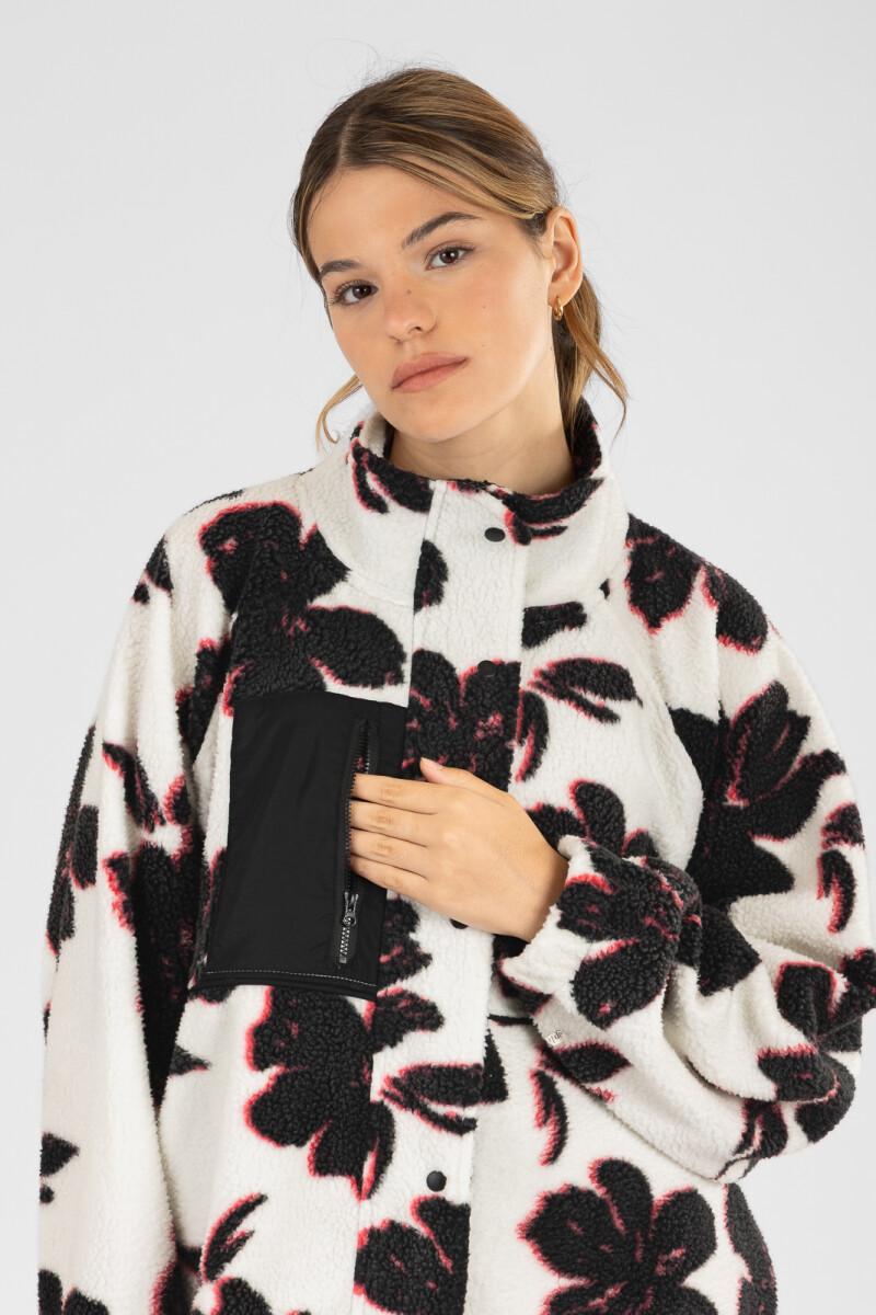 Campera black floral sherpa Marfil