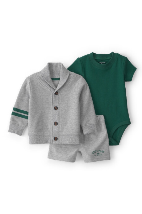 Set tres piezas de algodón, short, saco y body, gris y verde, estilo deportivo Sin color
