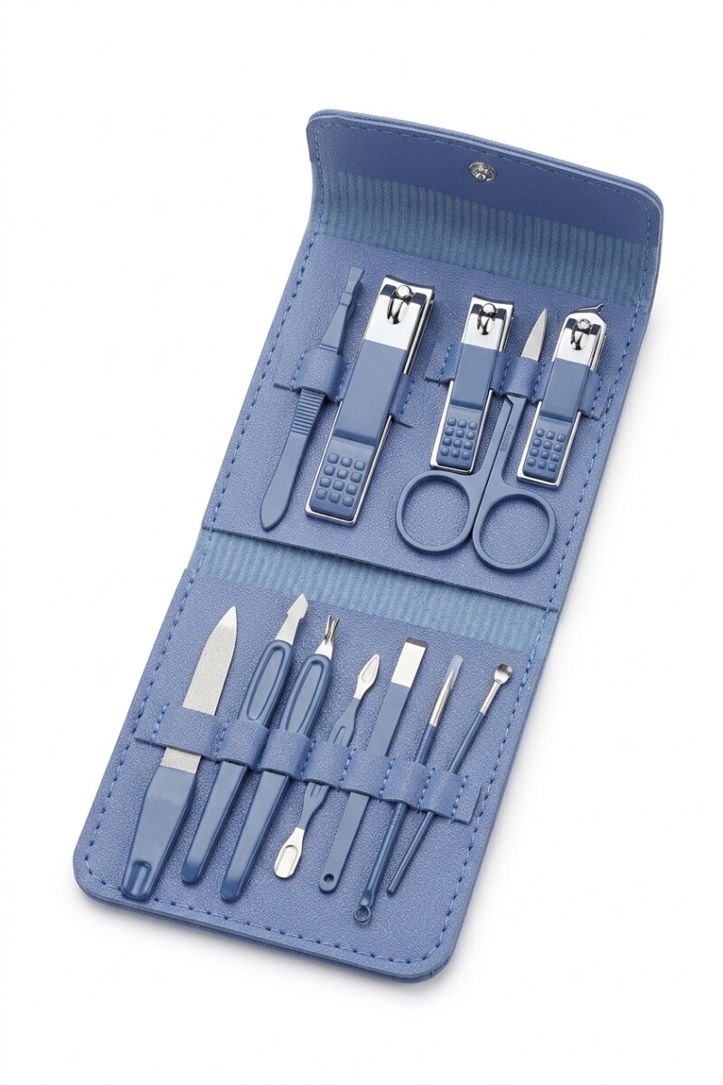Set manicura estuche cuero vegano 12 piezas azul