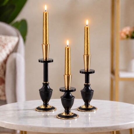 Juego de 3 Candelabros Negros con Detalles Dorados Juego de 3 Candelabros Negros con Detalles Dorados