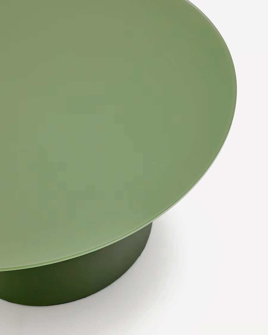 Mesa de centro Wilshire cristal templado glaseado y acero acabado pintado verde mate Ø80cm Mesa de centro Wilshire cristal templado glaseado y acero acabado pintado verde mate Ø80cm