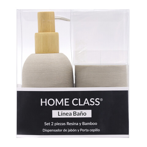 Set Baño Dispensador de Jabón y Porta Cepillo de Resina y Madera GRIS
