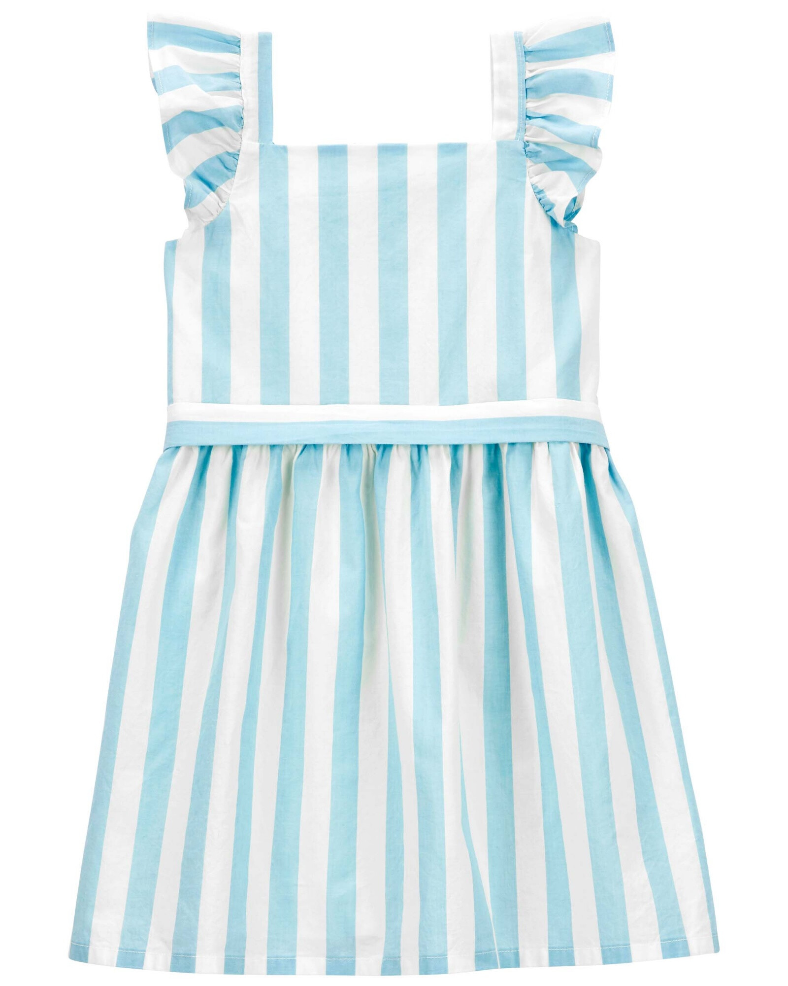Vestido de popelina con volantes y lazo, diseño a rayas Vestido de popelina con volantes y lazo, diseño a rayas