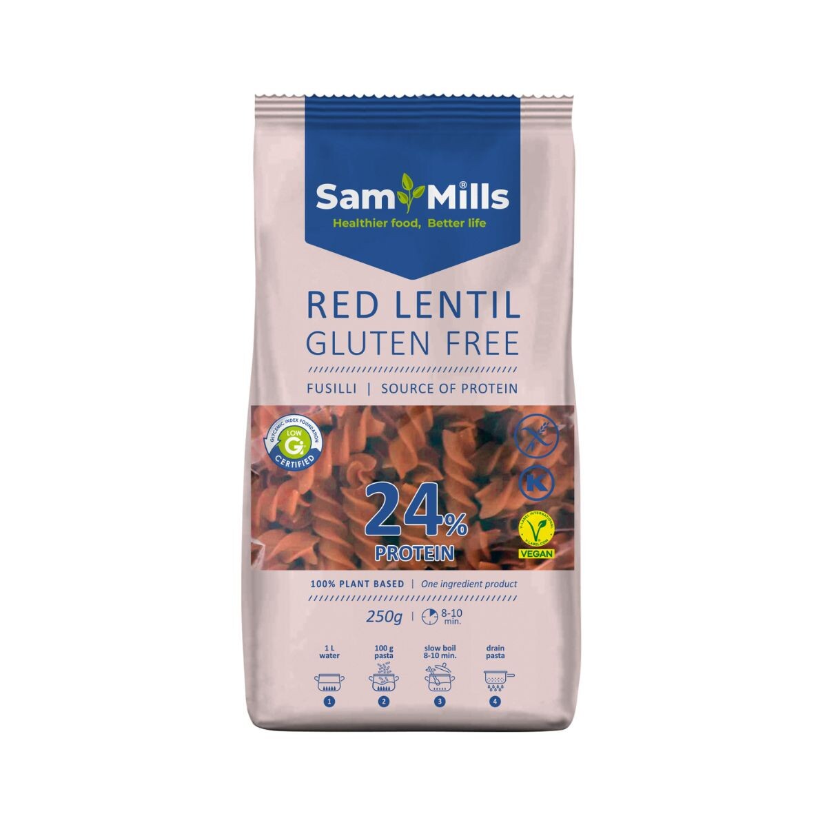 Pasta Sin Gluten Sam Mills Fusilli Lent.roja 24 % Prot - 250 Grs 