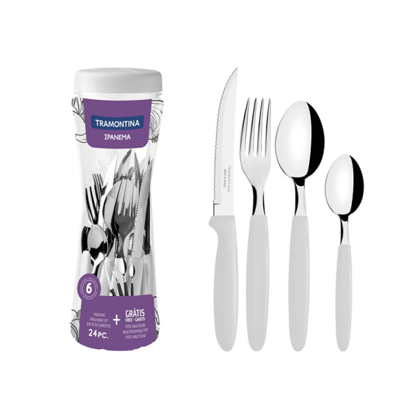 Juego cubiertos en pote, 24 piezas blanco "IPANEMA" -TRAMONTINA TN8488