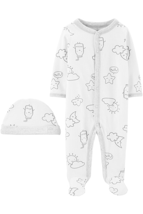 Set de Dos Piezas de Algodón de Pijama con Pies y Gorro Estampado Estrella 0