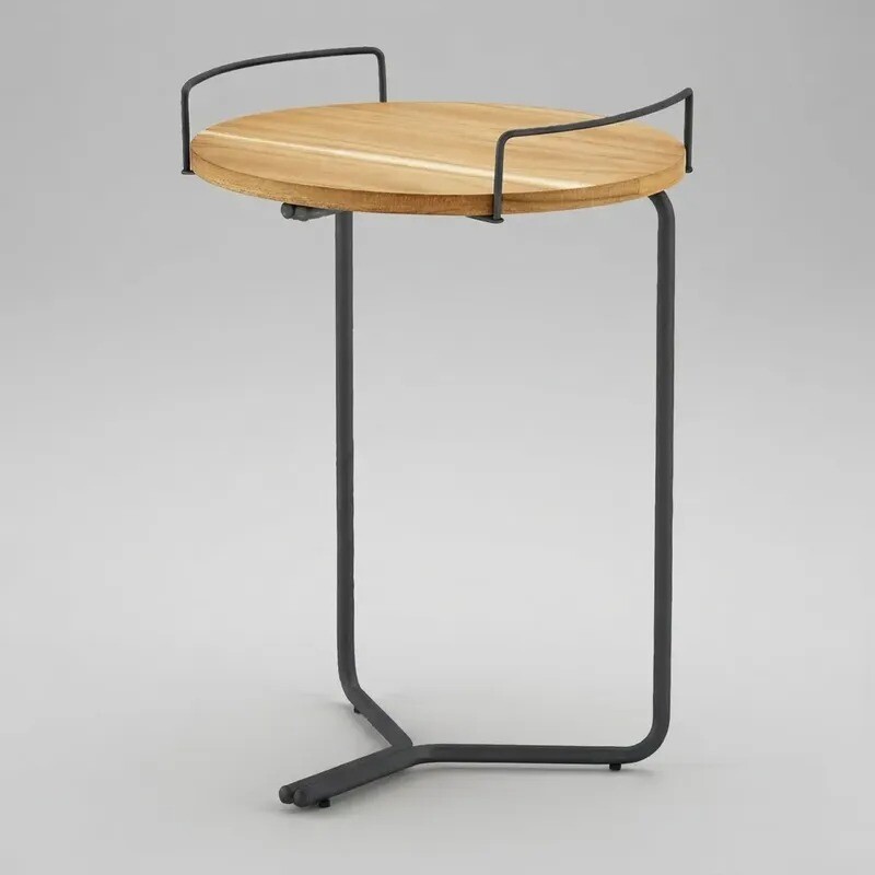 MESA DE APOYO REDONDA DE MADERA NATURAL - PIE EN METAL COLOR GRAFITO MESA DE APOYO REDONDA DE MADERA NATURAL - PIE EN METAL COLOR GRAFITO