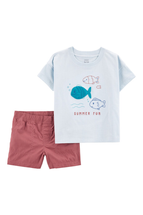 Set dos piezas de algodón, short y remera, estampa peces Sin color