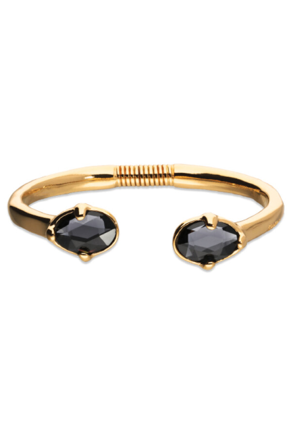 PULSERA RIGIDA DE ALEACIÓN DE METALES BAÑADA EN ORO 18K Y DOS CRISTALES FACETADOS GRISES EN EXTREMOS Pulsera