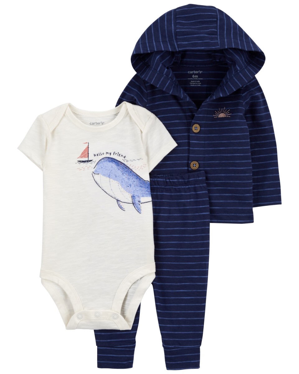 Set tres piezas de algodón, pantalón, saco y body estampa ballena 