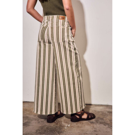 Jean Wide Leg Rayado Oliva Y Crema