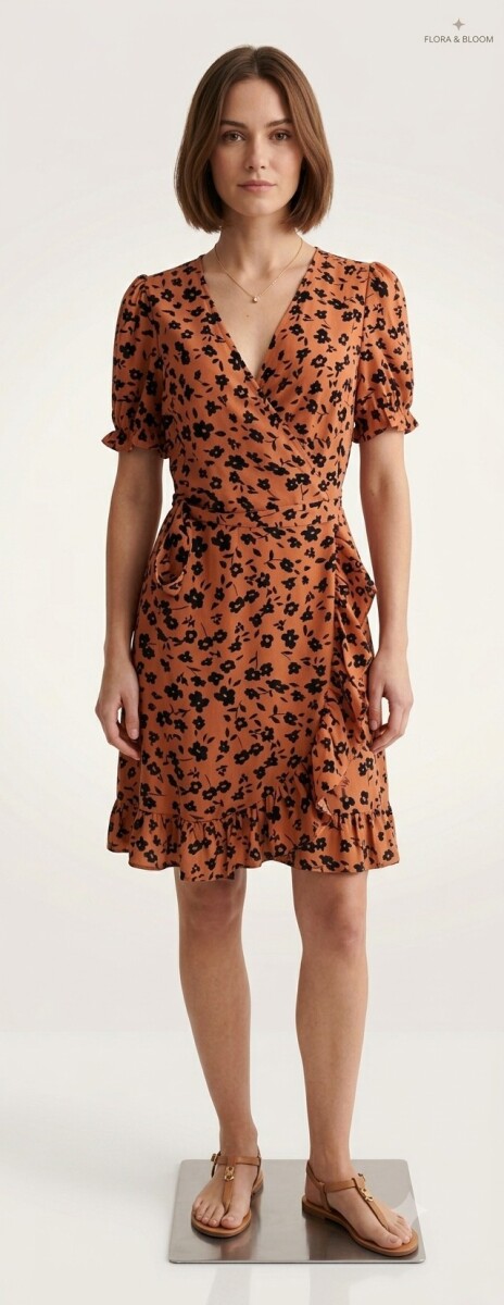 VESTIDO M/C ESCOTE EN V - ANIMAL PRINT MARRON 